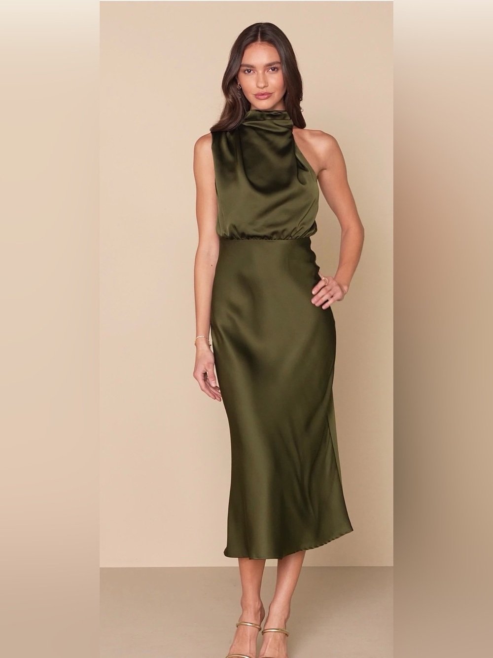 Lulu's Olive Green Satin Midi Dress